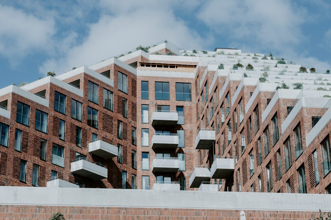 Contemporary Aarhus building facade with strong diagonal lines